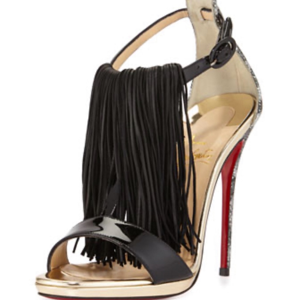 Christian Louboutin Casanovella fringe black and silver heels.